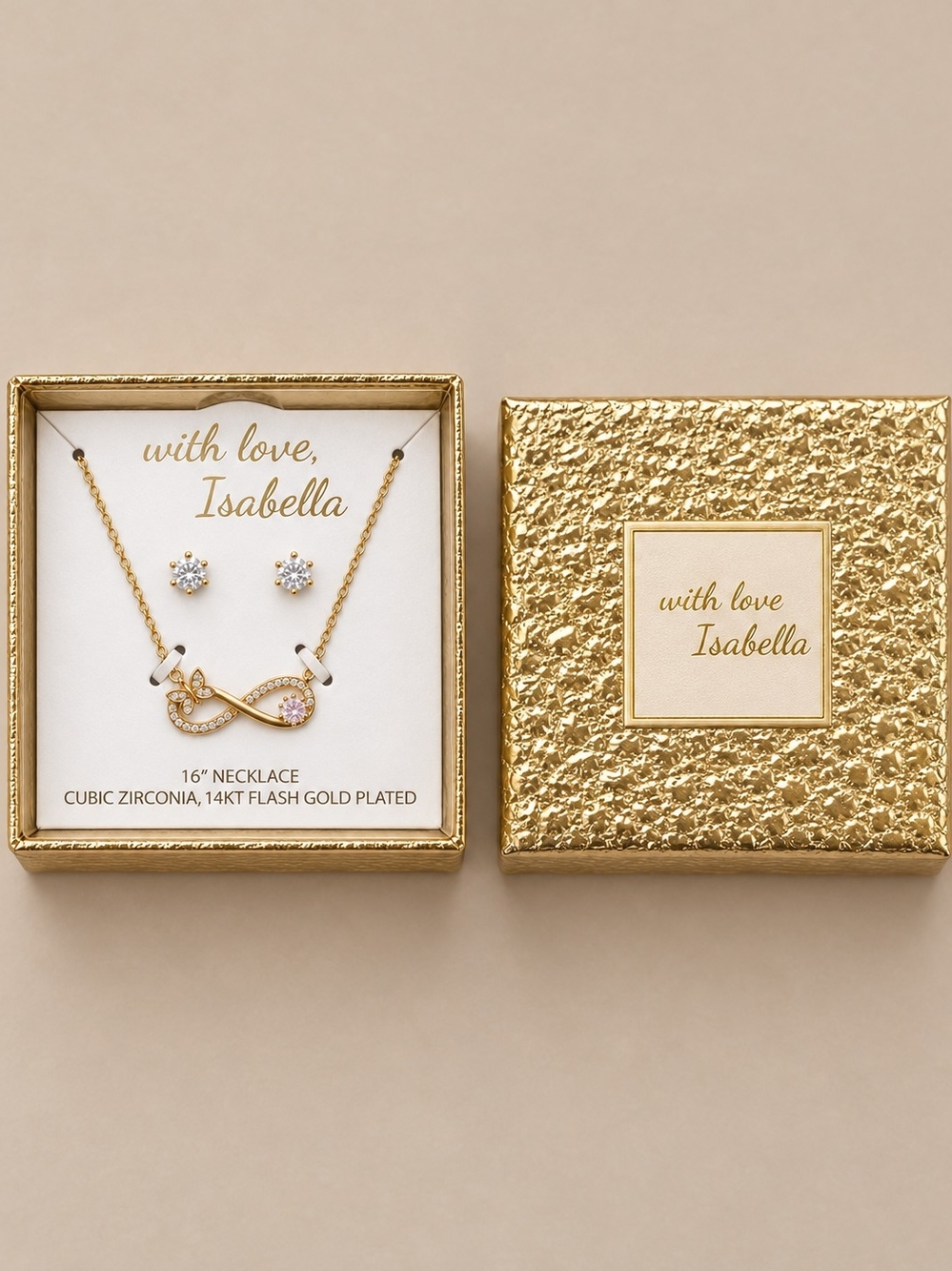 With Love Isabella Gold Plated Pink CZ Infinity Butterfly Necklace Earrings Set